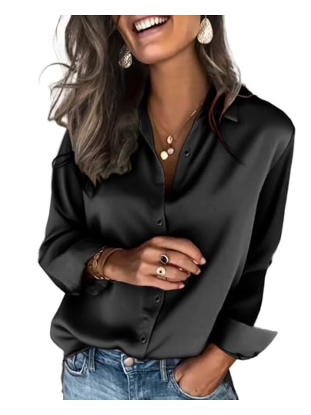 Satin Button Down Shirt Long Sleeve V-Neck Blouse Business Casual Top